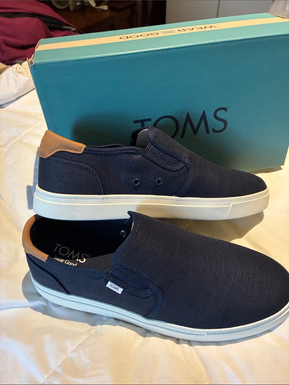 TOMS Navy Canvas Slip-On Loafers with Tan Heel Accent